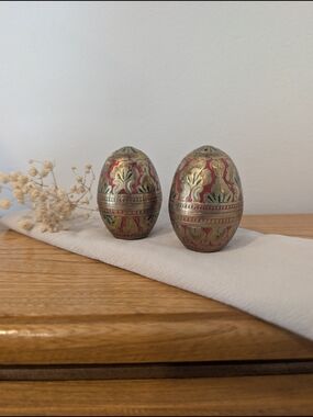 Vintage Brass Egg Salt and Pepper Shakers Red Enamel Cloisonne India